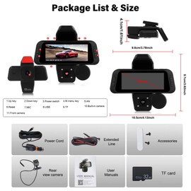 Dash Cam for Cars Front/Inside/Rear View Camera 3 inch IPS Screen 1080P DVR Camera Video Recorder Driving Recorder Wide Angle Automatic Loop Recording G Sensor Night Vision+32G TF