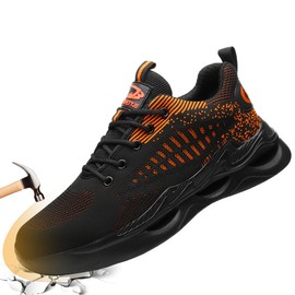 AQTDUAJ Safety Shoes Work Shoes Men Women with Steel Toe Cap Protective Shoes Breathable Trainers for Unisex 36-46, Black Orange, 42 EU