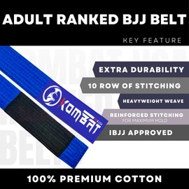 KOMBAT USA Adult BJJ Belts | Premium Jiu Jitsu Belt with Sleeve Bar for Ranking Stripes | Various Sizes | Durable (Blue, A3)