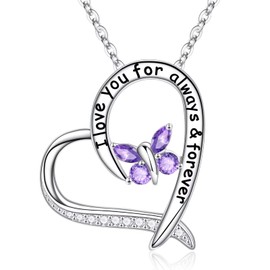 IEFUP Mothers Day Gifts for Mom, Sterling Sliver February Birthstone Amethyst Necklace Heart Butterfly Necklace Unique Heart Necklace Birthday Valentines Day Gifts for Girlfriend Mom