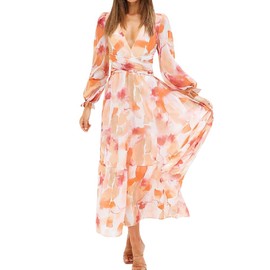 OBEEII Boho Maxi Dress for Women, Long Sleeve Floral Spring Fall Dress V Neck High Waist A-line Long Flowy Beach Dress Birthday Party Casual Wedding Guest Dresses Orange Floral 2 M