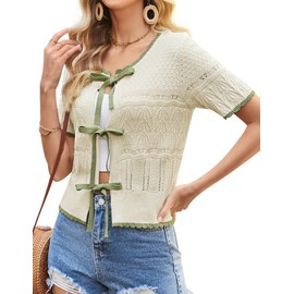 GRACE KARIN Womens Tie Front Bow Cardigan Sweaters Crochet Knit Short Sleeve Trendy Spring Beach Cover Up Apricot S