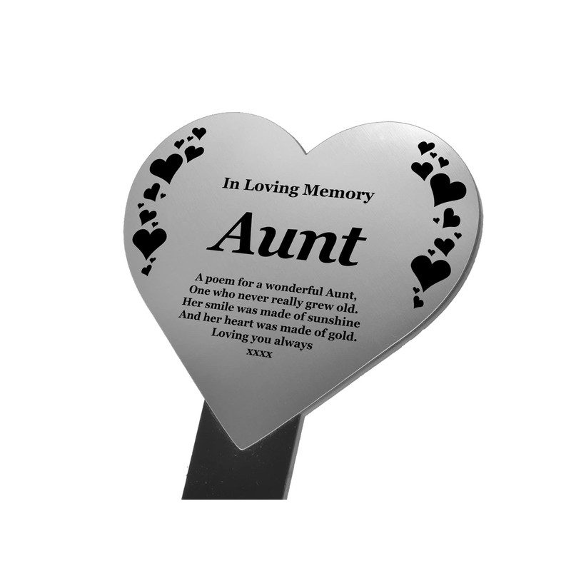 AUNT Heart Memorial Remembrance Plaque Stake - Silver Acrylic, Waterproof,