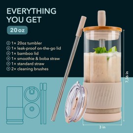 Pandaloo® Glass Cups With Lids and Straws -20 Fl Oz- Perfect Size Iced Coffee Cup - Smoothie Cup With Bamboo Lid and On the go Lid (Creamy Mushroom, 1 Count (Pack of 1)