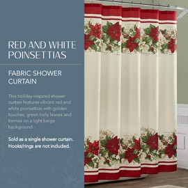 Elrene Home Fashions Christmas Red and White Poinsettias Fabric Bathroom Shower Curtain, 70 Inches x 72 Inches