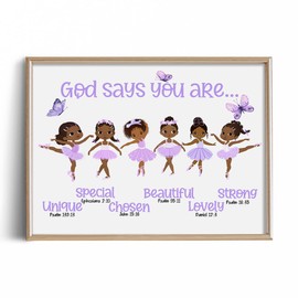 God Says You Are Christian Bible Verses - Purple Ballerina Baby Girl Room Decor - Black Afro African American Girl Wall Art - Religious Room Decor for Toddler Nursery Bedroom Decor - 11x14 Prints Gift
