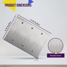 ENERLITES Blank Device Metal Wall Plate, Corrosive Resistant, Size 3-Gang 4.50" x 6.38", 7703, 430 Stainless Steel, UL Listed, Silver