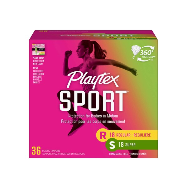 Playtex Sport Tampons with Flex-Fit Technology, Regular and Super Multi-Pack, Unscented - 36 Count