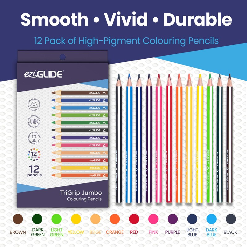 Eziglide Jumbo TriGrip Colouring Pencils, Pack of 12 Triangular Pencils,