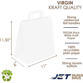 JET PAPER BAGS - 11”x6”x11.5” [25 Pcs] White Paper Bags with Handles Prime for Takeout, Grocery, Goody, Retail, Party, Gifts, Weddings - Recyclable Kraft Paper Gift Bags with Handles