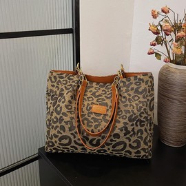 Lushandy Leopard Tote Bag, Leopard Purse Canvas Cheetah Purse Leopard Print Shoulder Bag Brown Cheetah Print Bag Fall Bag