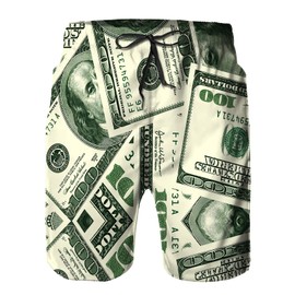 BUGKHD American Dollar Money Graphic Men's Summer Beach Shorts, Athletic Trunks White