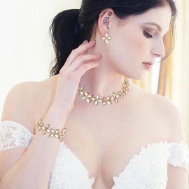 BriLove Wedding Jewelry Sets for Bride Bridesmaid, Crystal Leaf Marquise Cluster Choker Necklace Stud Earrings Link Bracelet for Women Flower Filigree Set Iridescent AB Gold-Tone