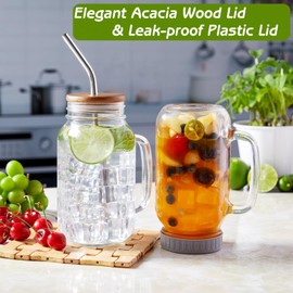 DRASTAR Mason Jar Cups, 24oz Iced Coffee Cups Set of 4, Glass Cups with Lids and Straws, Mason Jars with Handles, Mason Jar Drinking Glasses