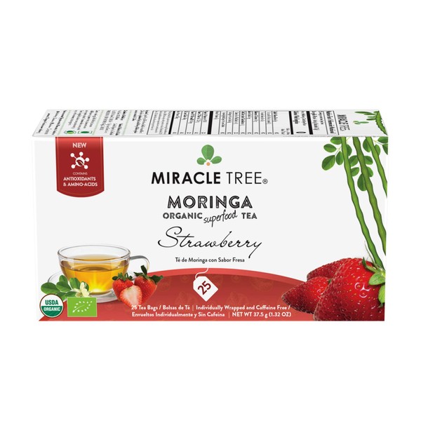 Miracle Tree - Organic Moringa Superfood Tea, 25 Individually Sealed Tea Bags, Strawberry (Keto, Detox, Energy & Immunity Booster, Vegan, Gluten-Free, Organic, Non-GMO, Caffeine-Free)