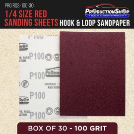 ProductionShop Premium Red 100 Grit 1/4 Sheet Size Red Sanding Sheets, Box of 30 - Hook & Loop Backing Sandpaper, Coarse-Cut Abrasive - Fits Palm Sanders, Hand Sanding Blocks - Woodworking, Auto Paint