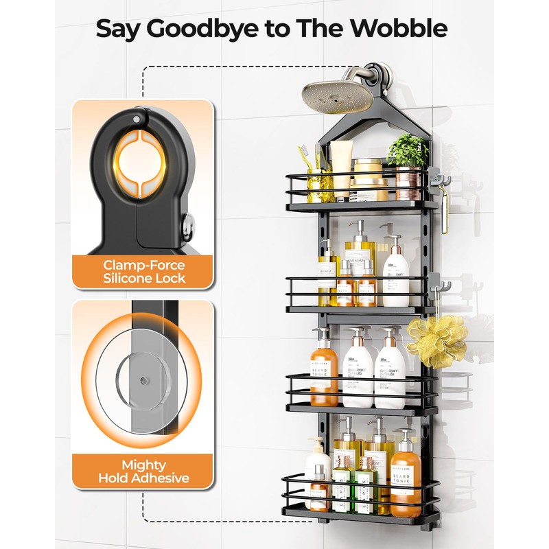 ODesign 4 Tier Height-Adjustable Shower Caddy Hanging Anti-Swing-Over The Shower