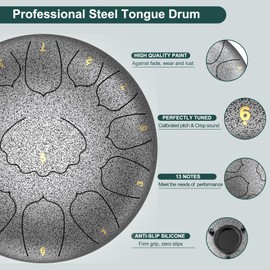 D Major Steel Tongue Drum Handpan, 12 Inch 13 Note Rain Drum for Outside Garden, Rain Chime Hand pan with Music Book, Mallets, Rain Chime Waterproof, Hand Pan Instrument Outdoor (Silver, 12 Inches)