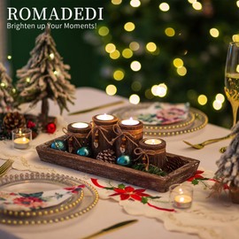 Farmhouse Coffee Table Decor Candle Holder - Romadedi Boho Wooden Tray with 4 Tealight Candles Holders for Tables Centerpiece Home Decorations Living Room Fireplace Kitchen
