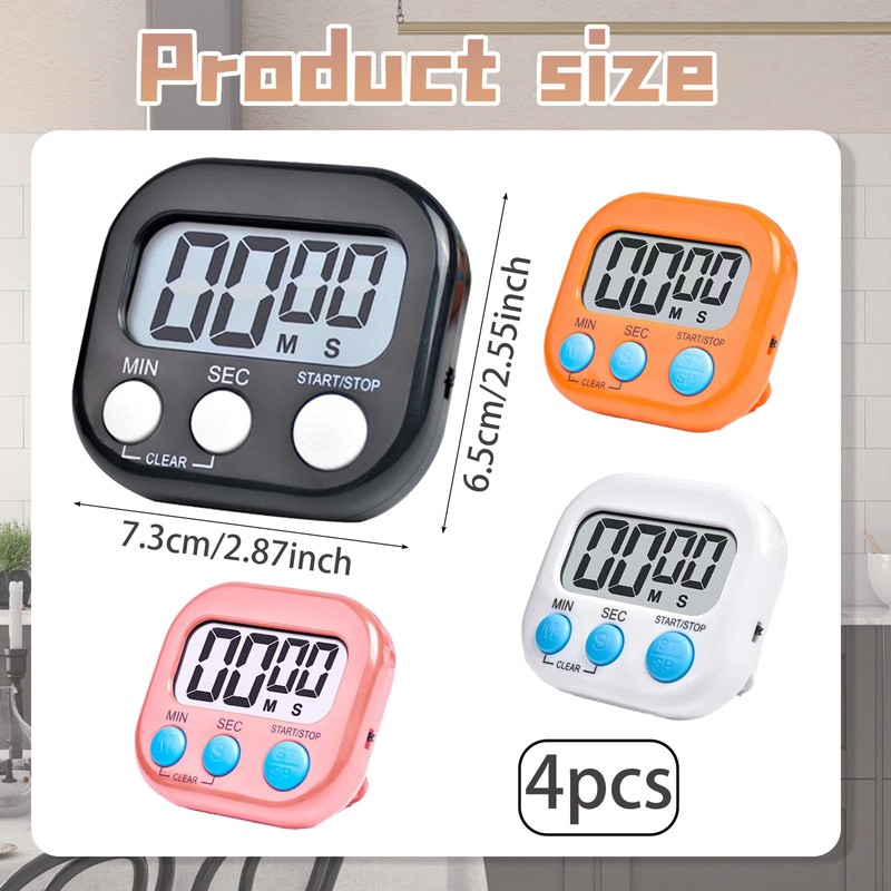 4 PCS Kitchen Timers, Digital Display Loud Alarm with Switch