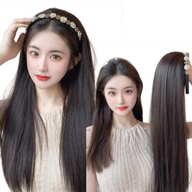 Long Straight Wig with Headband Hair Extension, Headband Type, Breathable Mesh, Hidden Gray Hair Extension, Wig Half Wig (Black Brown)
