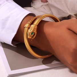 Frigotine Chunky Gold Snake Open Cuff Bangle Bracelets for Woman, Trendy Statement Stainless Steel Flexible Stretch Emerald Green Serpent Arm Bracelets Jewelry Gifts