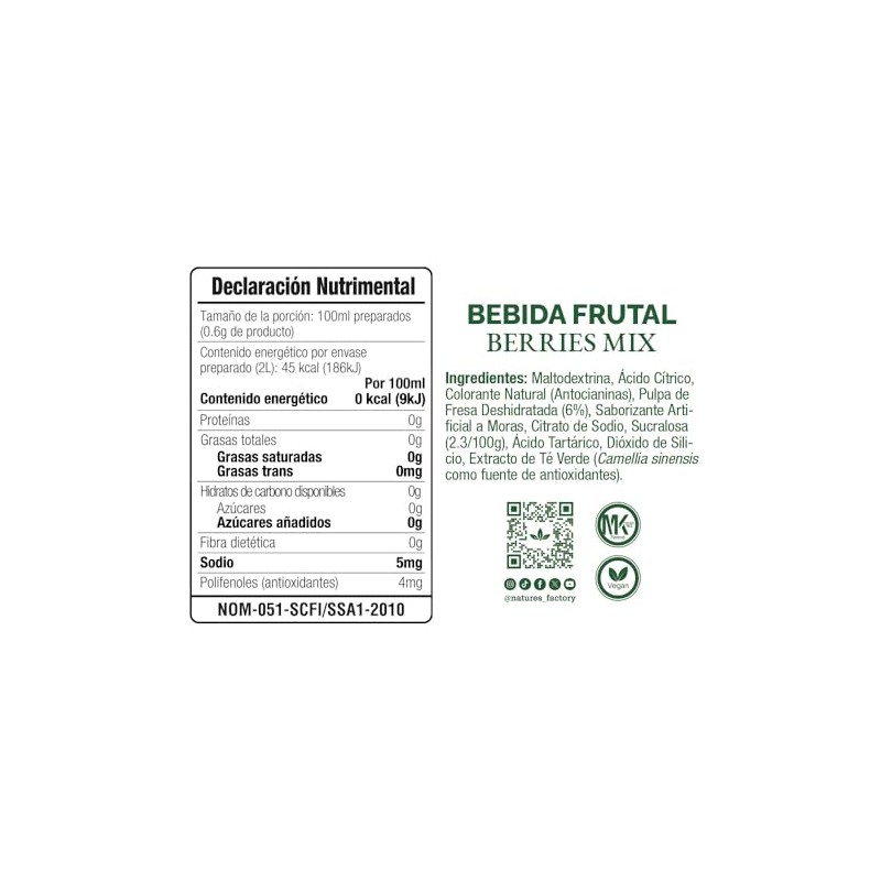 Nature's Factory Bebida Frutal en Polvo Sabor Moras Mix, Bajo