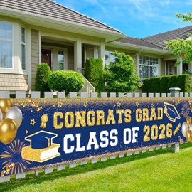 Blue and Gold Graduation Decorations 2026 Banner Congrats Graduation Yard Signs Class of 2026 Banner for Outdoor and Indoor Graduation Party Decor Senior Lawn Sign 2026 Graduate Party Supplies
