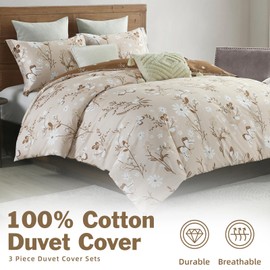 EWlinens Floral Duvet Cover Queen Size - Botanical Butterfly Printed Reversible Bedding Set 3 Pieces Soft Cotton Nature Vines Branches Comforter Cover with Zipper Ties, Beige and Brown
