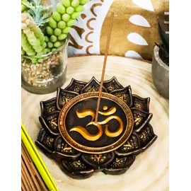 Ebros Feng Shui Zen Buddha Ohm Symbol Sacred Lotus Mandala Flower Medallion Incense Stick Burner Holder Figurine Zen Home Aromatherapy Meditation Sculpture