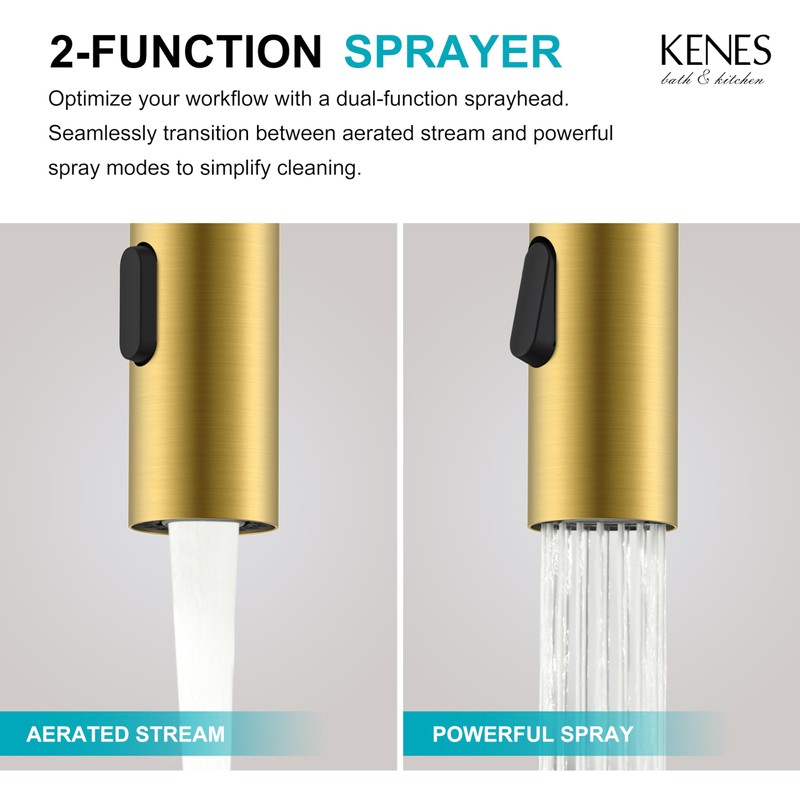 KENES Brushed Gold Single Handle Bathroom Faucet with Pull Out