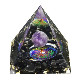 Nupuyai Healing Stone Crystal Pyramid Tree of Life Gemstone Pyramid Decoration with Amethyst & Obsidian Stone for Yoga Meditation, Room, Living Room, Feng Shui Decor