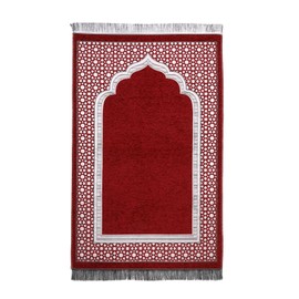 Muslim Prayer Rug Set with Beads and Cylinder, Chenille Ramadan Prayer Mat, 27.5x43.3 Inch Burgundy