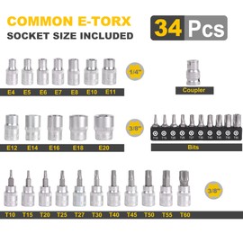 Topline 34-Piece 1/4”& 3/8” Drive E-Torx Socket Set and Torx Bit Socket Set, with Storage case, Premium CR-V Steel, E4-E20, T10-T60, Star Socket Set for Mechanic and Home Repair