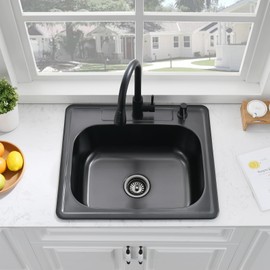 25 Inch Black Drop In Kitchen Sink-Bokaiya 25x22 Drop In RV Outdoor Sink Stainless Steel 18 Gauge Single Bowl Top Mount Kitchen Sinks with Dish Grid
