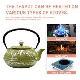SECHUDO Cast Iron Teapot Tea Kettle with Stainless Steel Infuser for Stovetop Safe Coated with Enameled Interior Japanese Tetsubin with Maple Leaves Pattern(30.4oz/900ml) (Color-2)