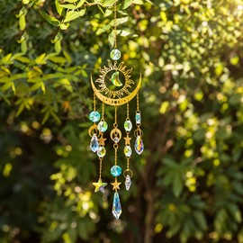 Celestial Sun Catcher for Window and Garden Decor – Gold-Tone Sun and Moon Hanging Ornament with Faceted Pendants