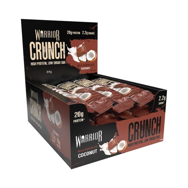 Warrior HIGH Protein Bars (20g Protein Each) - Low Carb, Low Sugar - Pack of 12 Caramel Crispy Crunch Bars - Milk Chocolate & Coconut