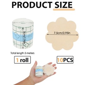 Jecdfs Breast Tape, Breast Tightening Tape, Invisible Breast Tape, 1 Roll Body Tape (5 cm x 5 m) with 10 Breast Flower Nipple Covers, Waterproof and Hypoallergenic, Suitable for A-H Cup, for Wedding