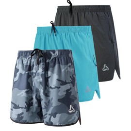 SILKWORLD Mens Running Shorts Quick Dry Athletic Yoga Shorts with Zipper Pockets, DH/LSL/camo(Pack of 3), L