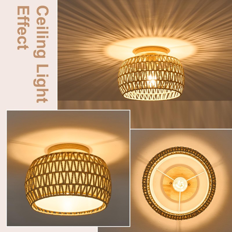 ALAISLYC Boho Rattan Flush Mount Ceiling Lights 12 Inch Farmhouse