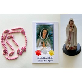 Set de La Maria Rosa Mistica:"Maria Rosa Mistica Madre de la Iglesia" Libro de Rezo, Rosario Rosa de Madera y Estatua de La Maria Rosa Mistica