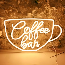 SYLHOME Coffee Bar Led Neon Light Sign Coffee Shop Business Home Bedroom Kitchen Restaurant Birthday Christmas Party Light Up Sign Gifts 15.75" X 9.4" USB Warm White