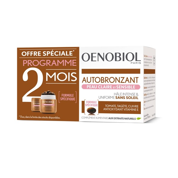 OENOBIOL - Compléments Alimentaires - Autobronzant - Peaux Sensibles et Claires - Visage et Corps - Programme 2 mois - Lot de 2 Boîtes de 30 Capsules