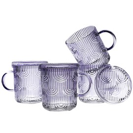 Lysenn Glass Coffee Mugs Set of 4 - Premium Crystal Glass Mugs with Lids – Unique Design Coffee Glasses for Tea Latte Cocoa Chocolate - 10 oz, Amethyst Purple