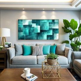 BQVCT Modern Abstract Wall Art Canvas Print Teal Geometric Pattern Wood Framed Artwork for Living Room Bedroom Decor