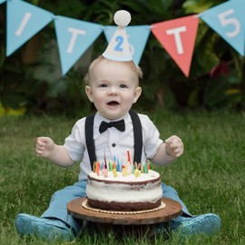 GORNZX 2 nd Birthday Party Cone Hat,White with Blue Number 2, Pom Pom Top, Light Blue Trim