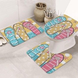 Easternproject 3 Piece Summer Beach Bath Rug Sets Stripes Polka Dot Flip Flops Shoreline Ocean Sea Sand Starfish Bath Mat Soft Non Slip Holiday Water Absorbent U-Shaped Contour Toilet Mat Lid Cover
