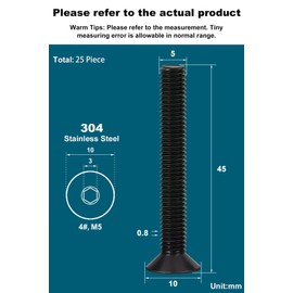 Drenky Pack of 25 M5 x 45 mm Countersunk Screws with Hexagon Socket, Black, Stainless Steel, V2A VA A2, Countersunk Screw DIN 7991 / ISO 10642, Fully Threaded Screws, Rustproof Screws, Metric Standard