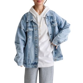 LifeShe Oversized Denim Jacket Women Boyfriend Long Jean Jacket Fall Loose Shacket Trucker Coats